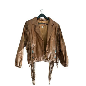 Vintage 70s Leather Fringe Western Jacket Concho Brown Made Mexico Hawkeye